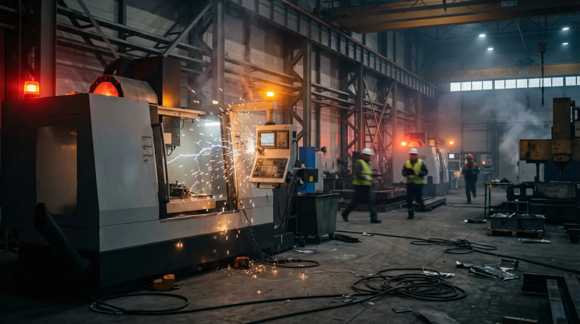 damaged CNC machines with electrical sparks and emergency lighting
