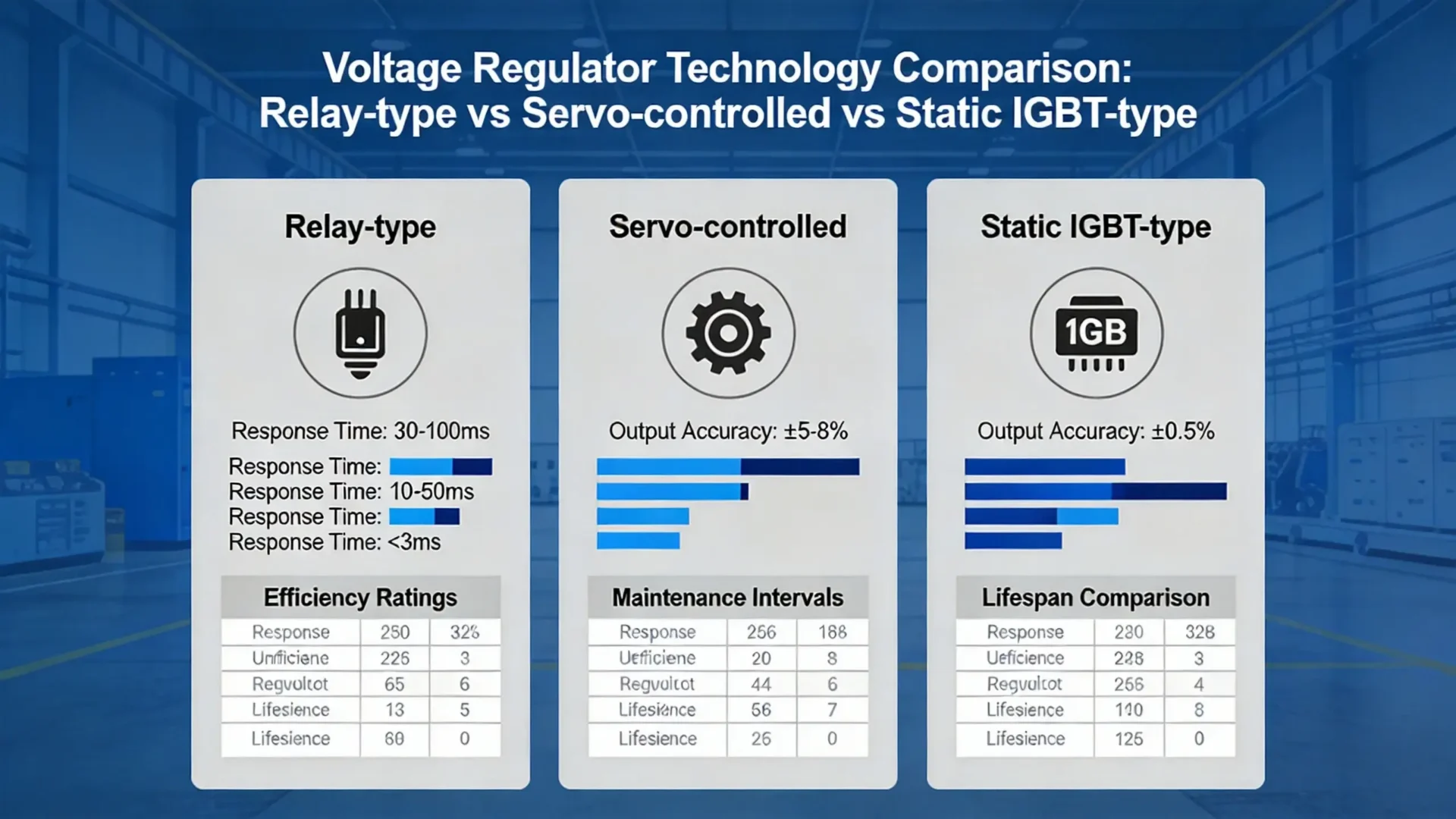 Voltage Stabilizer Selection: A Complete Guide for Industrial Applications 3 Comparison Infographic of Voltage Stabilizer Technical Parameters