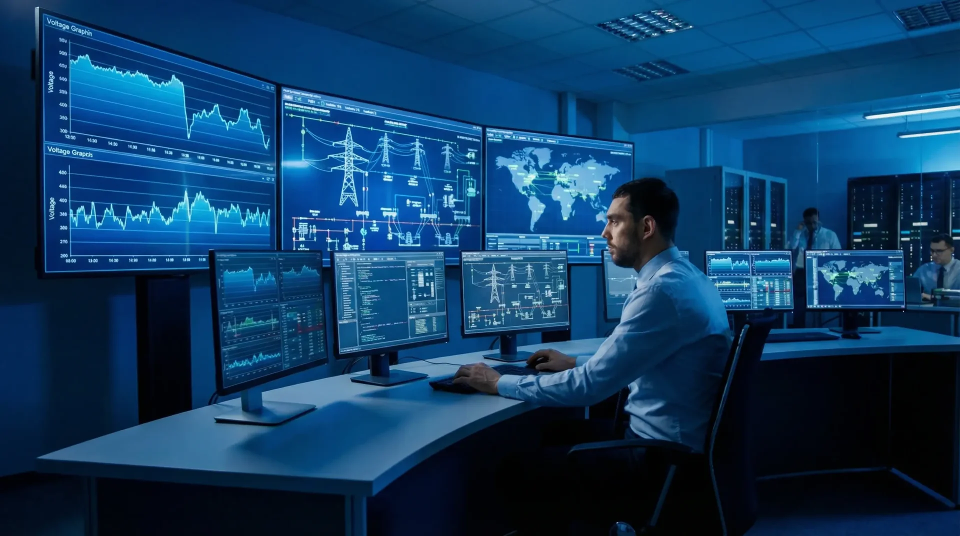 Engineer monitoring voltage data and grid status on multiple screens in smart grid control room, professional industrial environment