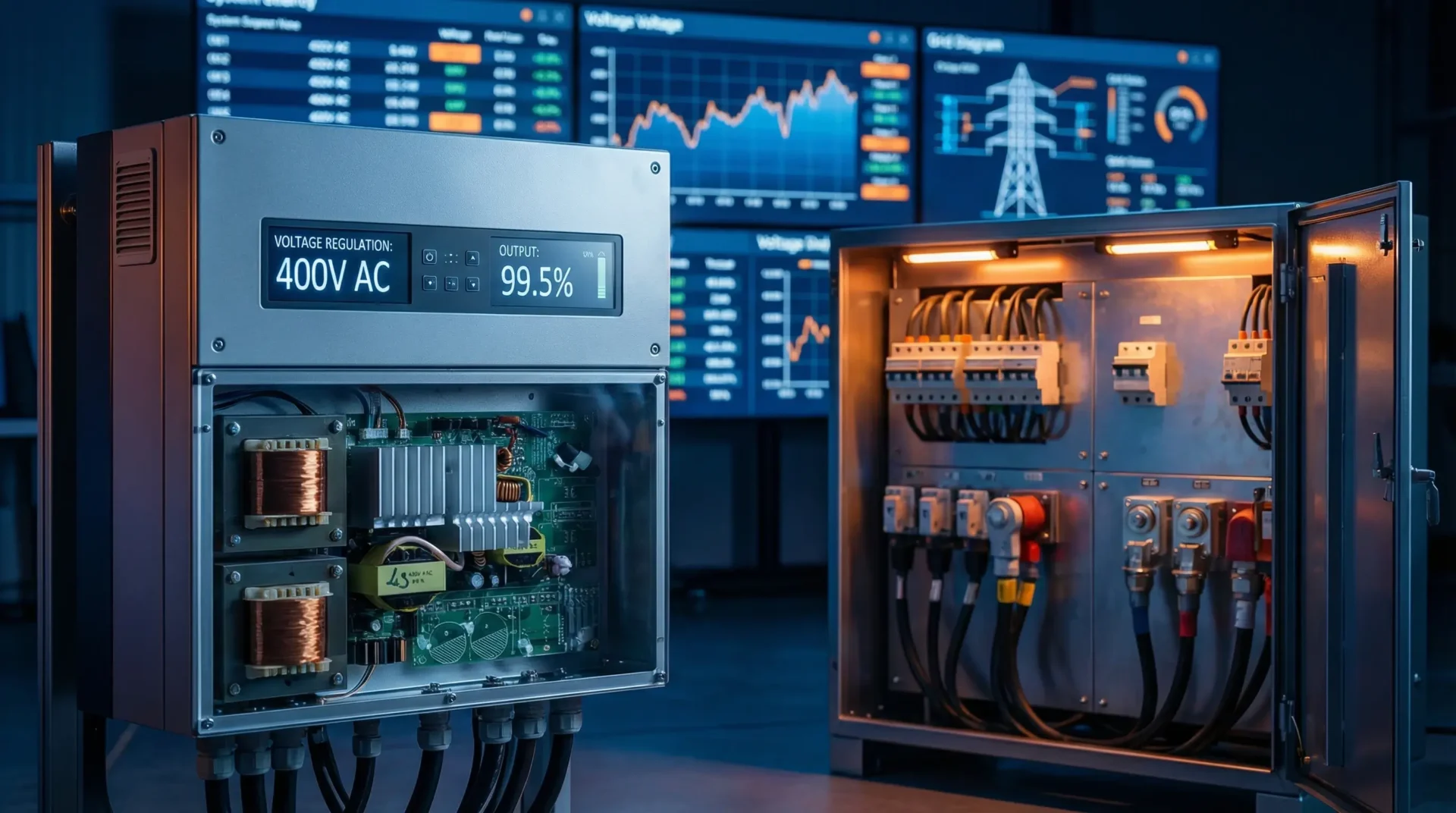 Industrial photovoltaic voltage regulation system showing inverter equipment, distribution panels, and monitoring screens in professional control room environment