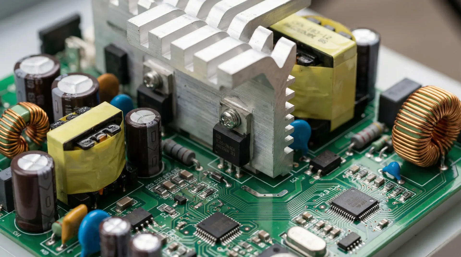 Macro photography of IGBT power module and electronic components on voltage stabilizer circuit board, showcasing industrial precision engineering