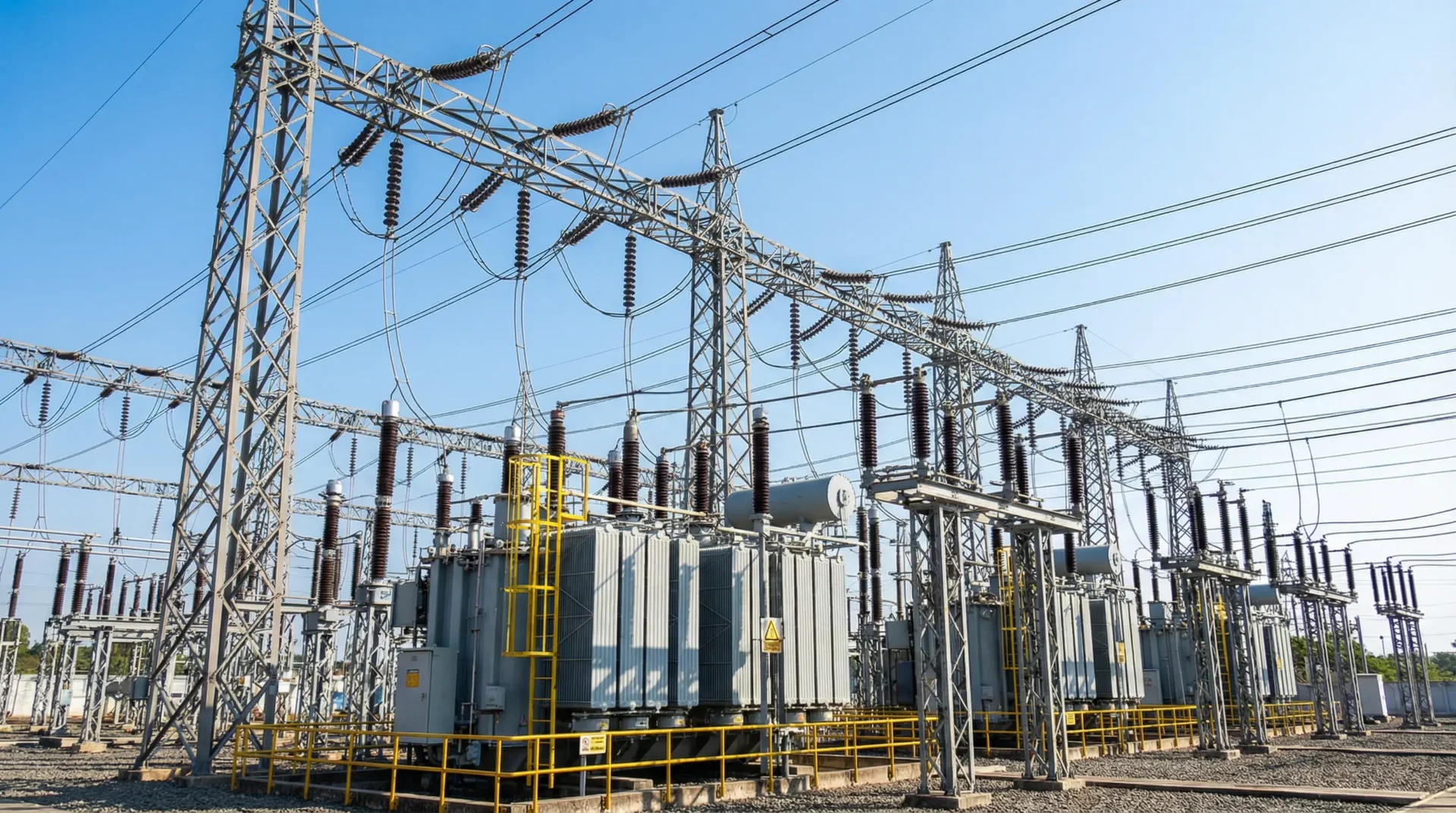 Outdoor high-voltage transformer and power distribution station equipment against blue sky, wide-angle lens capturing industrial scale infrastructure